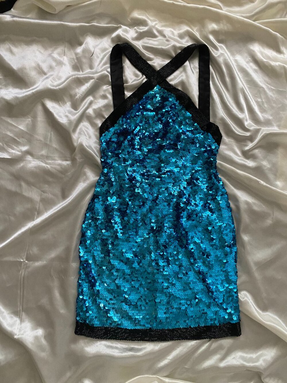 Vintage 1990s Nadine Blue Sequin & Beaded Halter Mini Dress Party Prom S/M